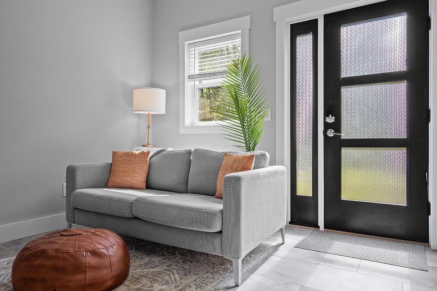 Living room area with sofa, lamp, ottoman, 2 small (portable) side tables, a wall-mounted TV, and a little extra room for your things (like dog kennels, etc).