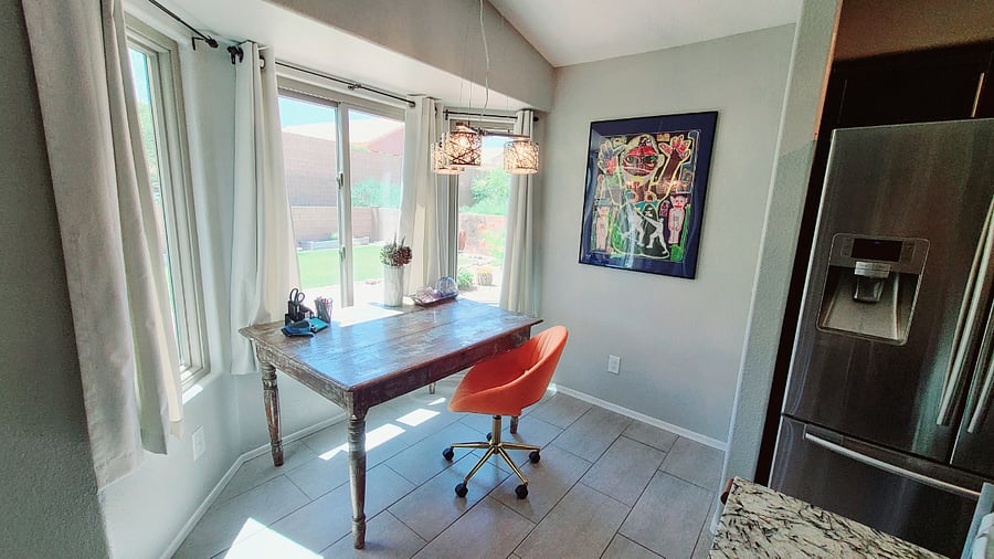 We've transformed our kitchen nook into your dedicated workspace, offering the perfect blend of productivity and serenity. Enjoy the gorgeous backyard view while working remotely, creating an inspiring and comfortable environment for your tasks.