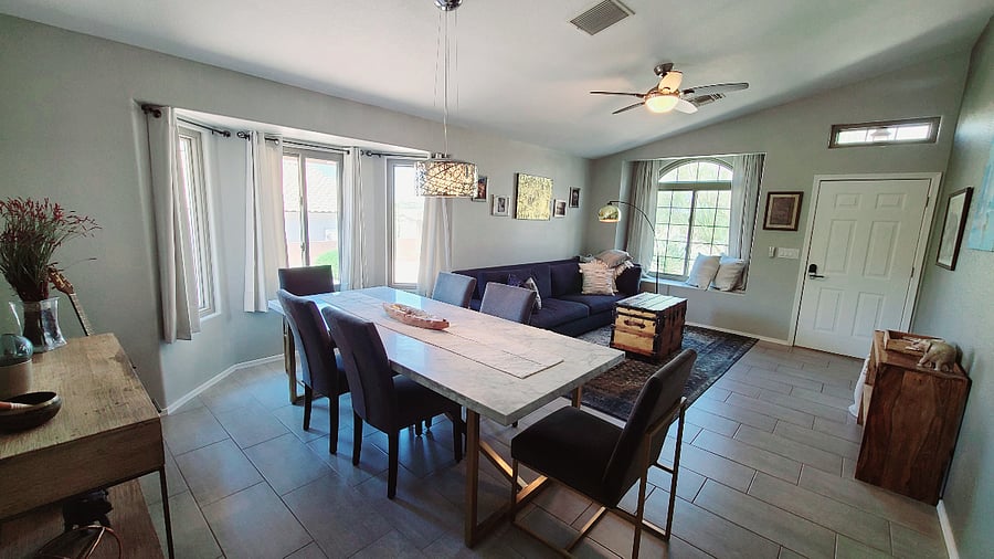 Indulge in the beauty of our spacious marble dining table, comfortably seating six. It's the perfect setting for everyone in your party to come together, relax, and enjoy a delightful meal.