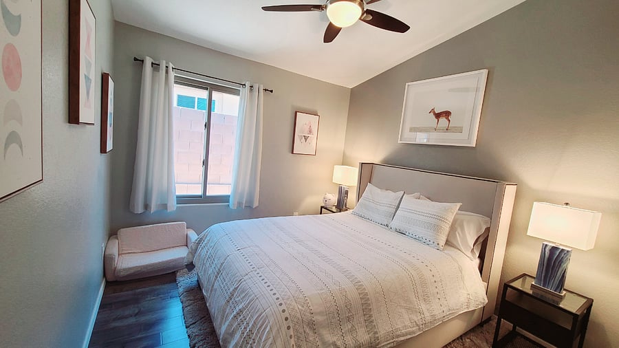 Experience peace in our Serenity Bedroom, featuring a cozy queen-sized bed and carefully selected neutral decor for a soothing vibe. It's a tranquil haven designed for relaxation and comfort.