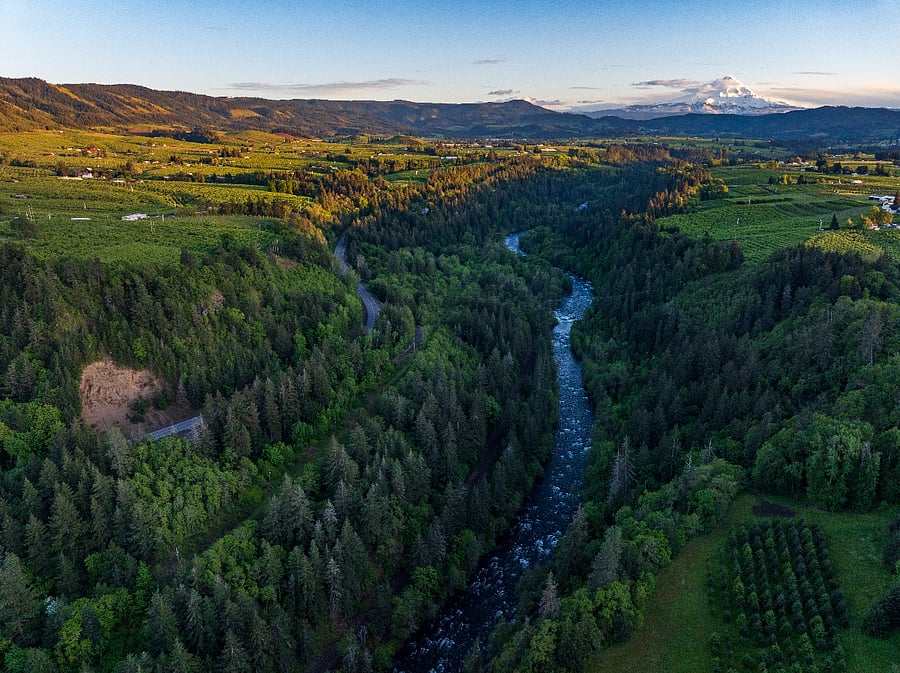 Aerial view down the Hood River from near our home