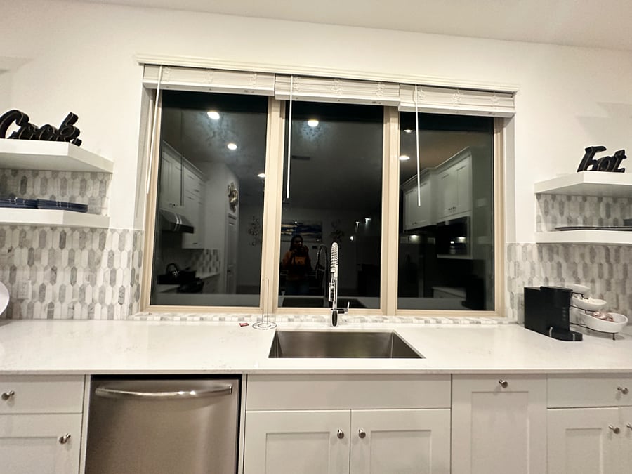 Big, bay windows letting in natural light.