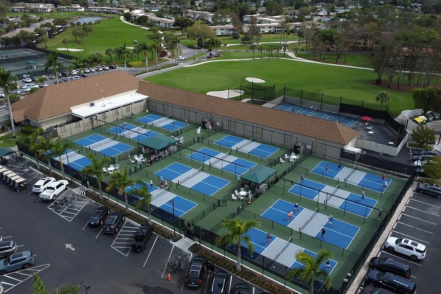 12 new lighted pickleball courts with shaded areas and water/ice station