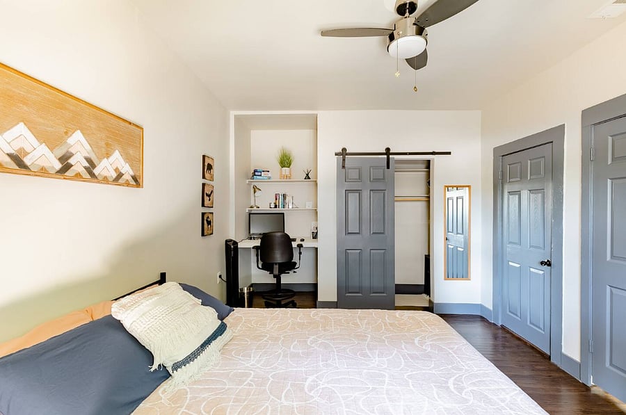 Dedicated workspace, closet, and attached bathroom