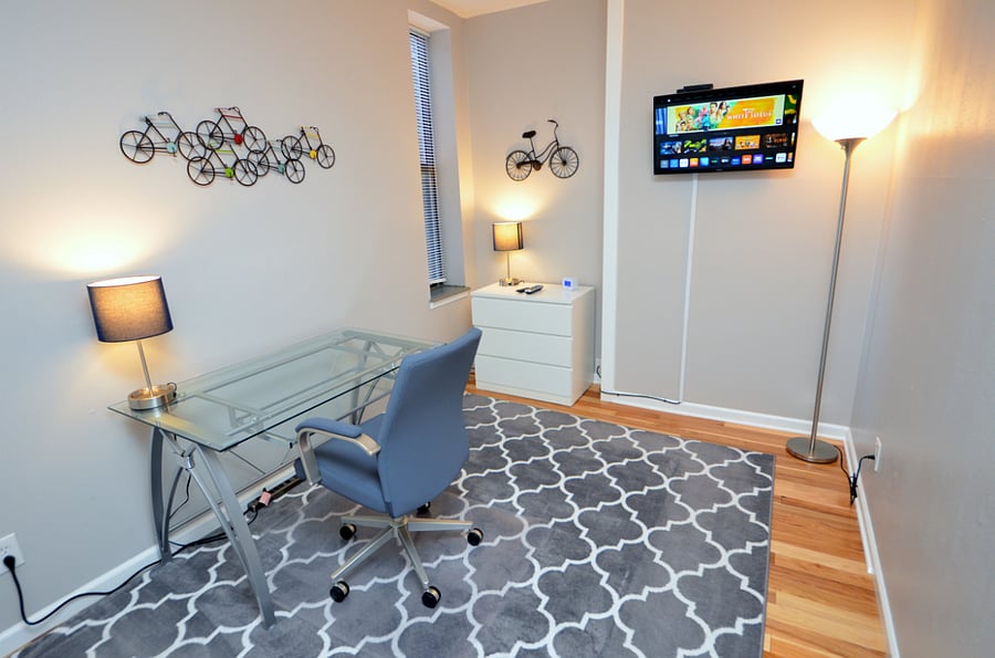 Office Room With Desk, Office Chair & 32" Vizio Smart TV