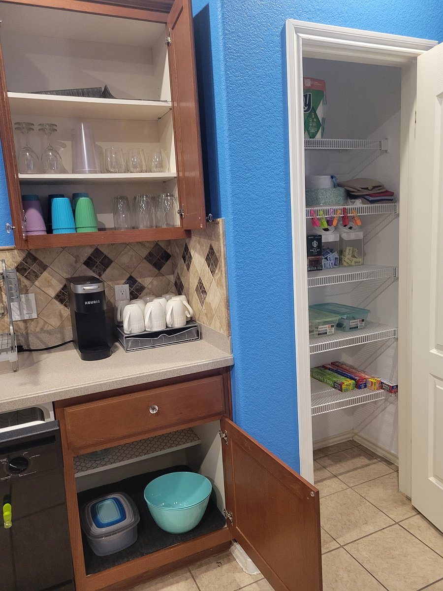 Coffee maker, cups, pantry