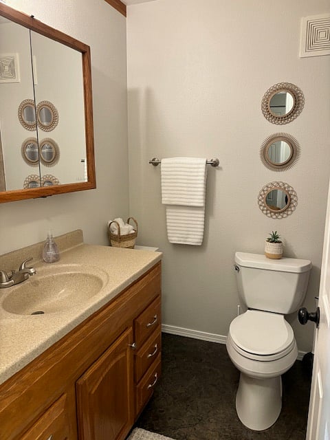 Fully stocked bathroom.