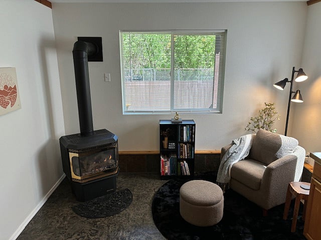 Reading nook with gas fireplace.