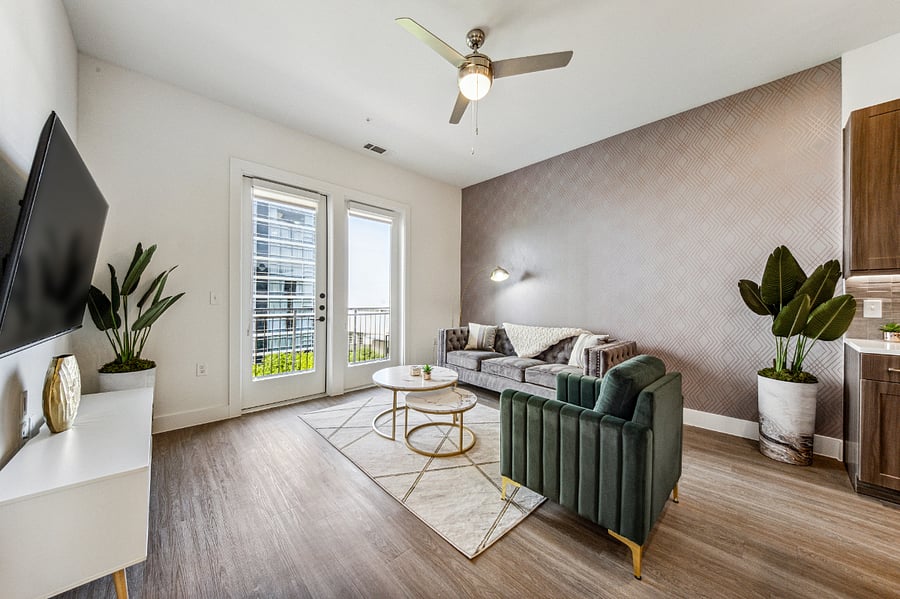 Living Room with Balcony that overlooks fountain and Eisemann Center