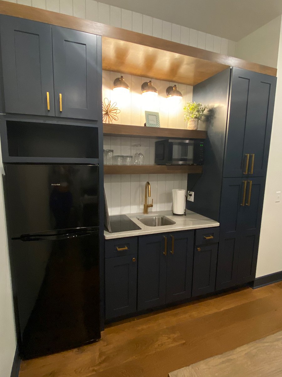Kitchenette equipped with two burner cooktop, refrigerator, microwave and air fryer