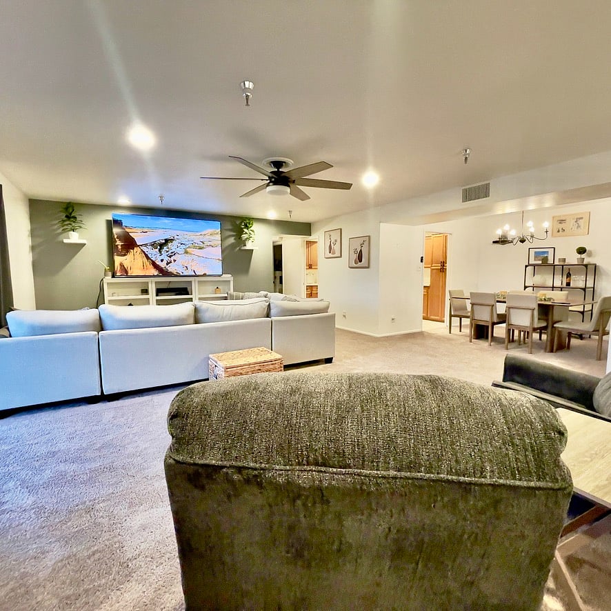 Cozy Living Great Room with Fire TV theatre. 
