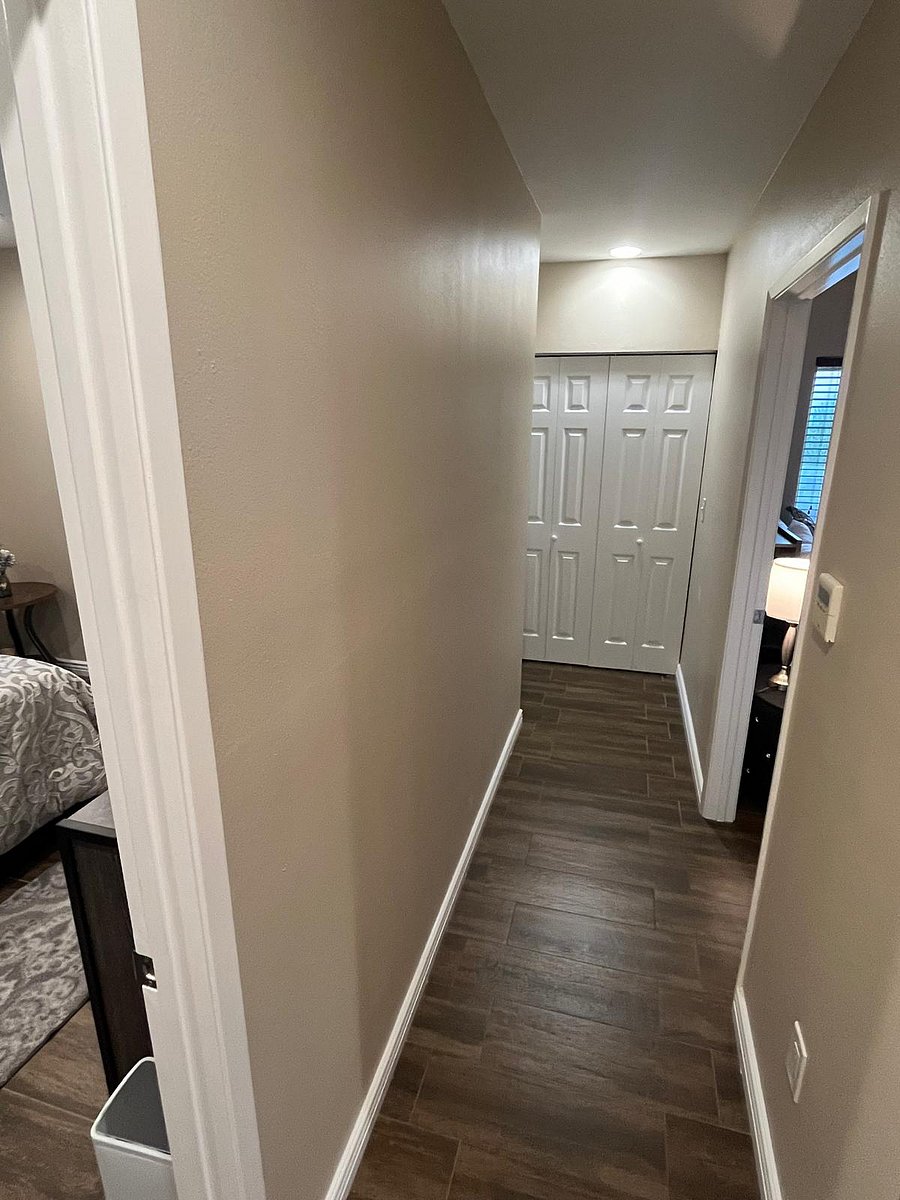 Hallway to bathroom, and roommate's bedroom. 