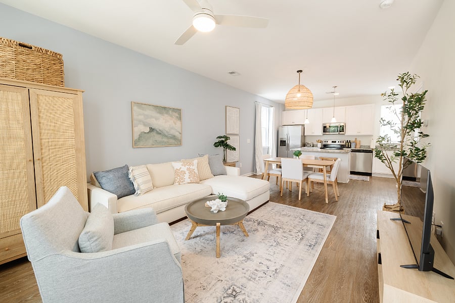 View as you enter the property: Living Room, Dining Room, Kitchen