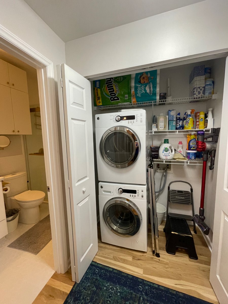 In-unit stackable washer and dryer (no fee/cost to use); unit is well stocked with various cleaning, laundry, and personal hygiene supplies