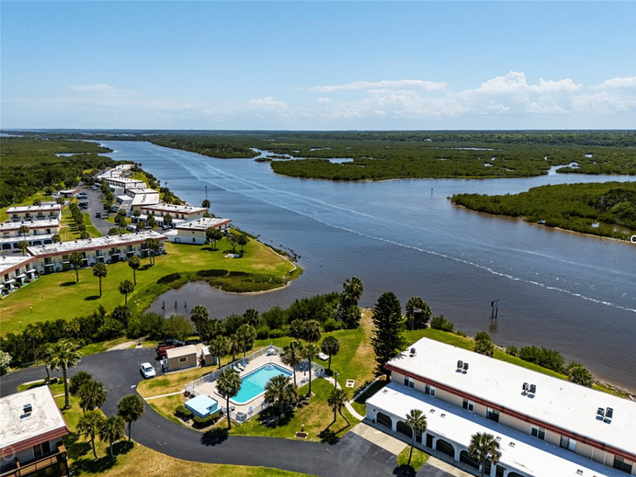 Aerial view of pool and grounds