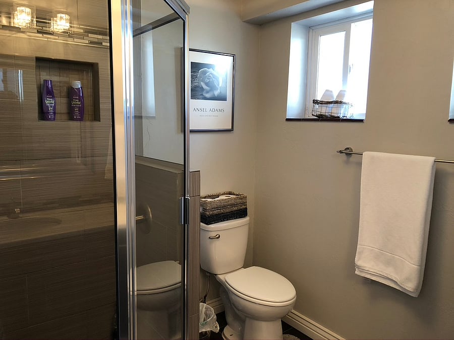 Remodeled bathroom with large rain head shower