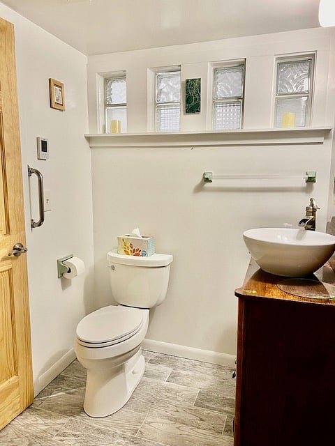 Bathroom with vintage vanity, high profile elongated toilet and grab bars.