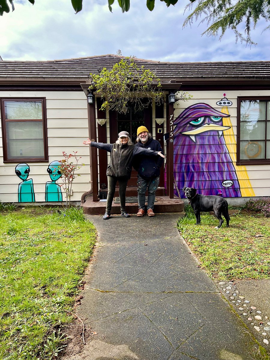Renowned Mural artist HENRY (and his pup) with owner, #76 mural in his 1,000 Sassys community project. Painted 4/1/2025, no foolin!