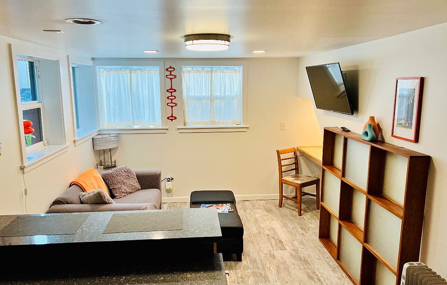 Living room with built-in desk.