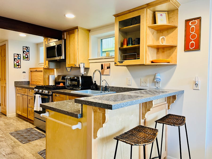 View from living room into kitchen.