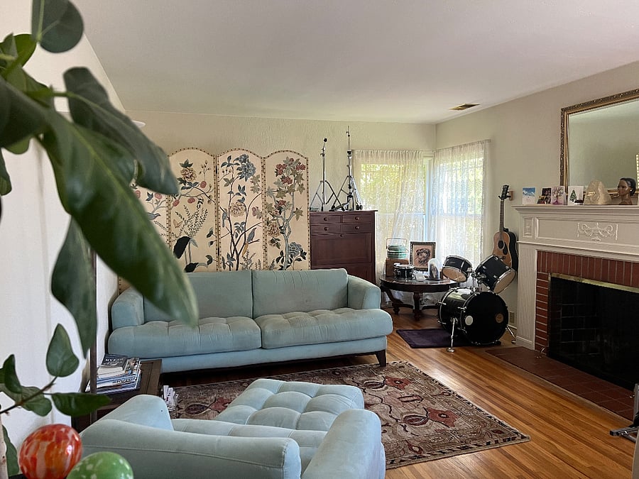 This is the formal living room.  The drums have been replaced with my desk. There is a separate sitting room + a family room in the house (need to take more pictures and post).