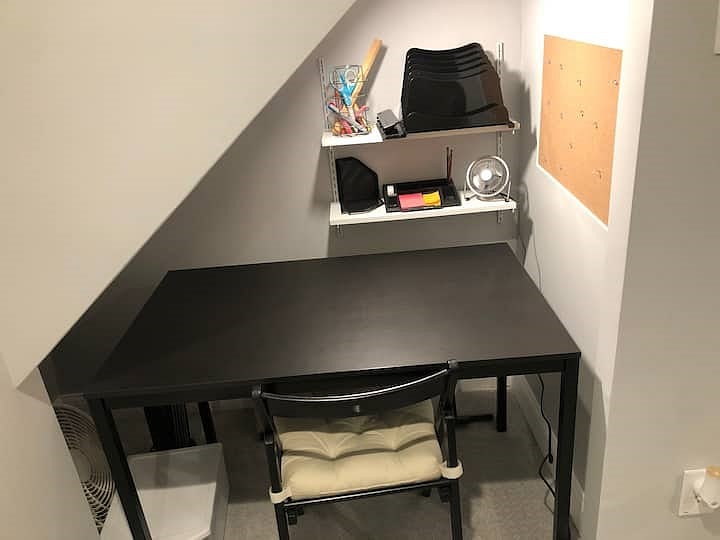 Full sized desk and Fios speed WiFi. Pens, paper, organizers, fan(s), space heater, storage, and other desk items offered.