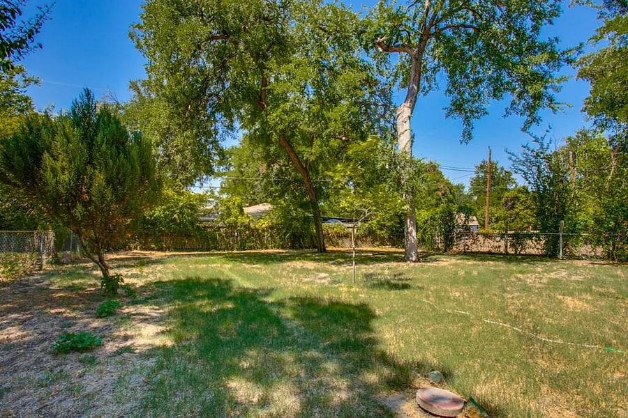 Back yard with mature trees and landscaping.  Fence has been replaced with horizontal cedar fence.  The fireflies at dusk make the back yard "sparkle". 
