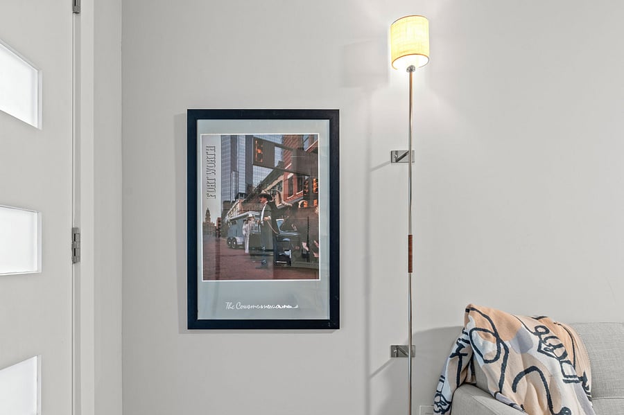 CB2 light adds to the ambiance of the space.  Cool 80's vintage poster.  Fort Worth IS a cosmopolitan city! 