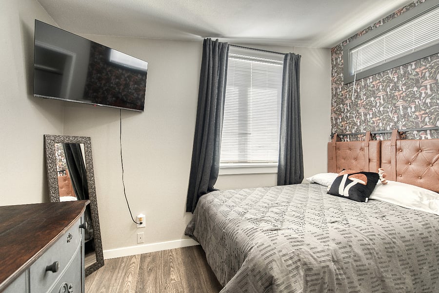 The Mushroom room has a TV, queen bed, closet, floor mirror, nightstand, lamp, and dresser for convenience and comfort.