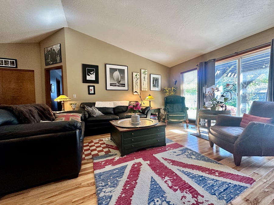 Living room with eclectic design from world travels.