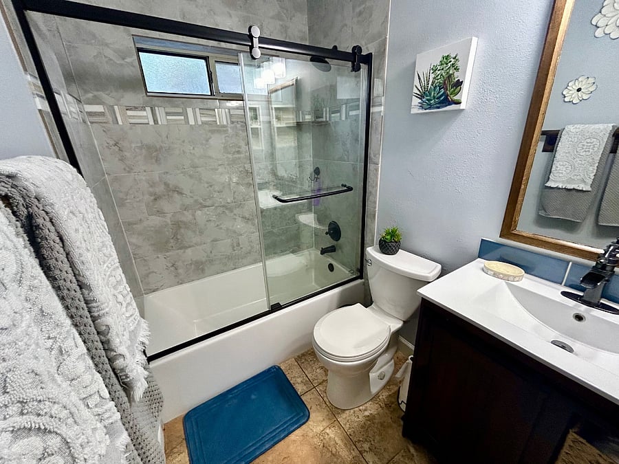 Guest bathroom with stand-up shower, bathtub combo.
