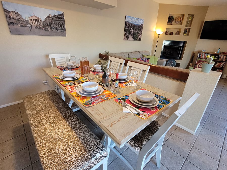 counter-height dining with an addition insert for seating up to 8 people.