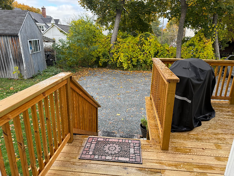 Back entrance to parking area and deck