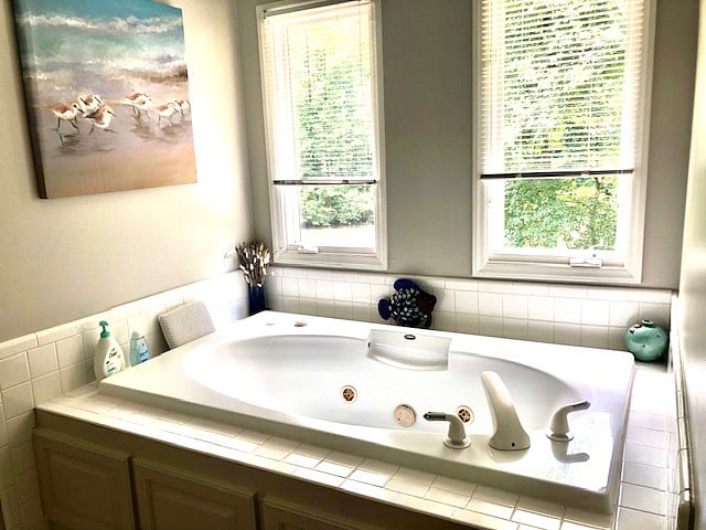 Master bath jacuzzi tub with views overlooking the pond and trees. A peaceful retreat. There is also a shower.