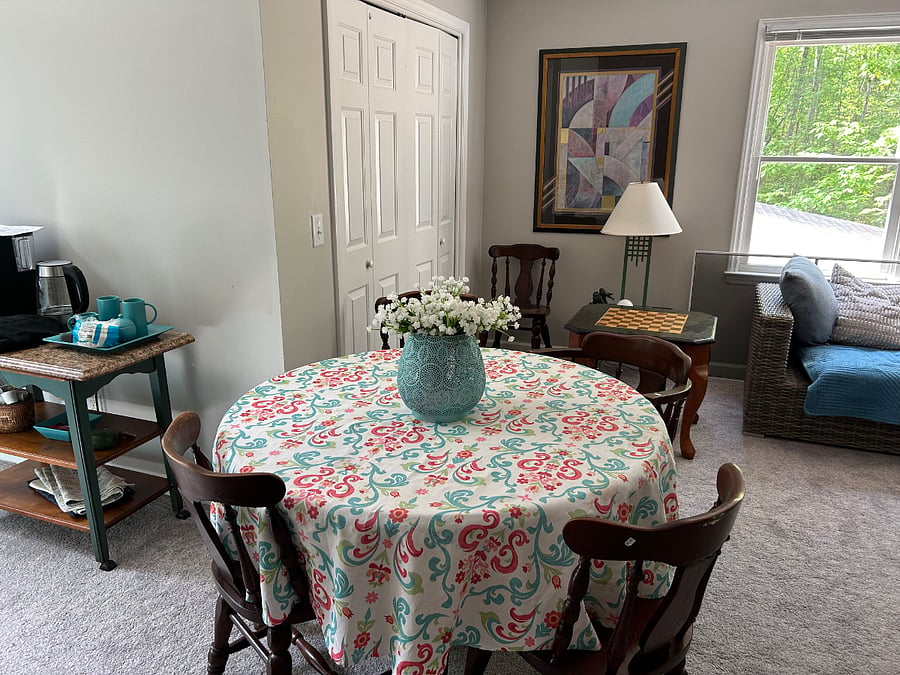 Living room with kitchenette, dining table and lots of seating.
Fire TV.