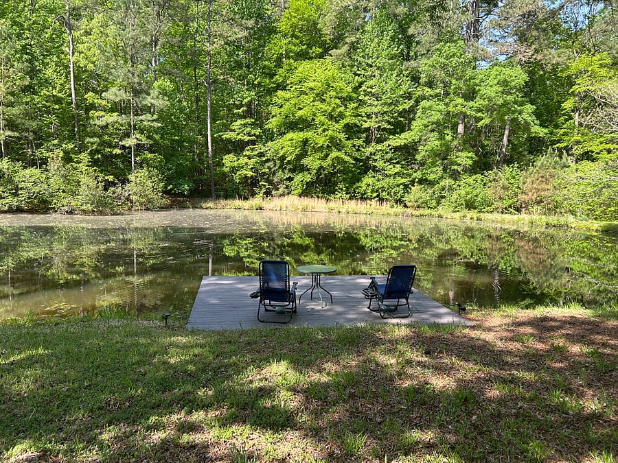 Private fishing pond behind the house with a dock. Bring your fishing tackle!