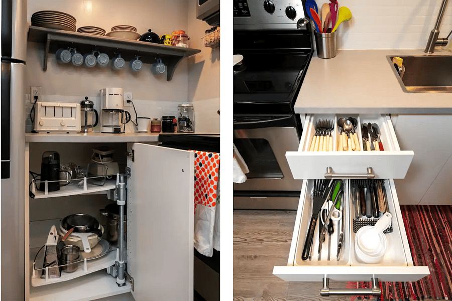 We have the cooking equipment for long-term stays, including a toaster, blender, coffee grinder, and lots of kitchen tools, with more pots and pans in a "Lazy Susan." Please know that long-term rentals of 31 days eliminate the government taxes.