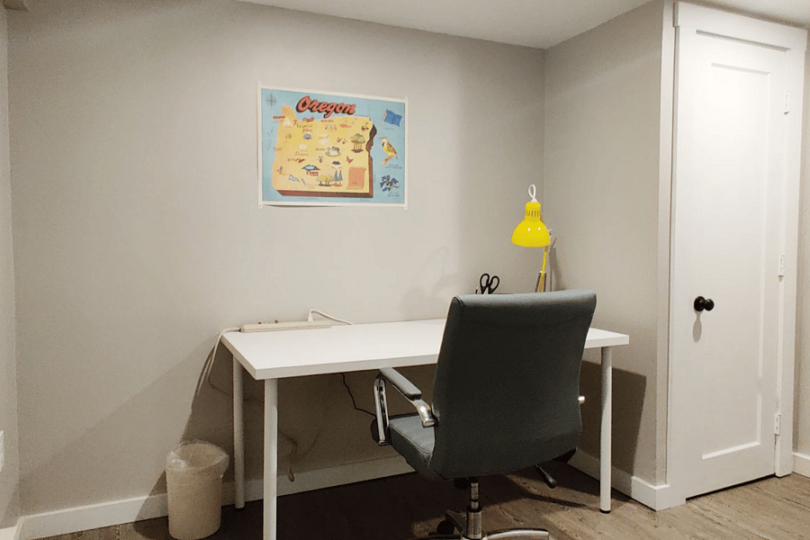 Get some work done in the dedicated office space with Wi-Fi 6, a comfortable chair, surge protector and a door you can close. We replaced the classic wood office chair visible in an earlier photo with a modern ergonomic office chair.
