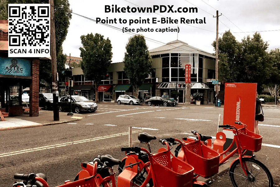 Rent ELECTRIC E-bikes via BiketownPDX.com (only a 5-minute walk) as well as the shops, coffee, cafes, pubs, and restaurants of bustling NE Broadway. This photo was taken from Peet's Coffee with McMenamins Broadway Pub on the opposite corner.