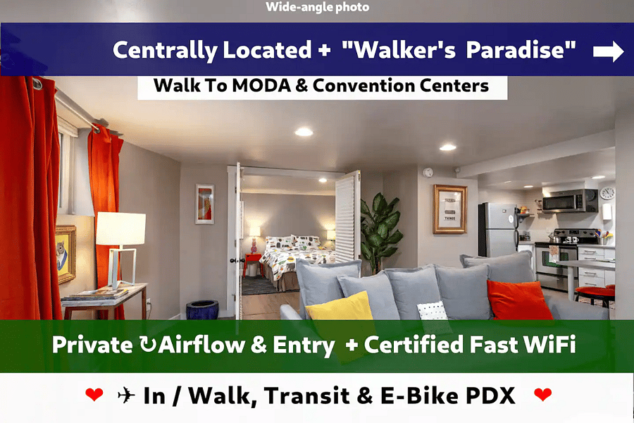 In a 130+yo tree-lined neighborhood near Legacy Emanuel Medical Center, Moda & Convention Centers, MAX light rail and Streetcars with easy access to all core Portland. Fly into PDX, then ride the MAX to the apartment located in a Walker & Biker Paradise with Excellent Transit!