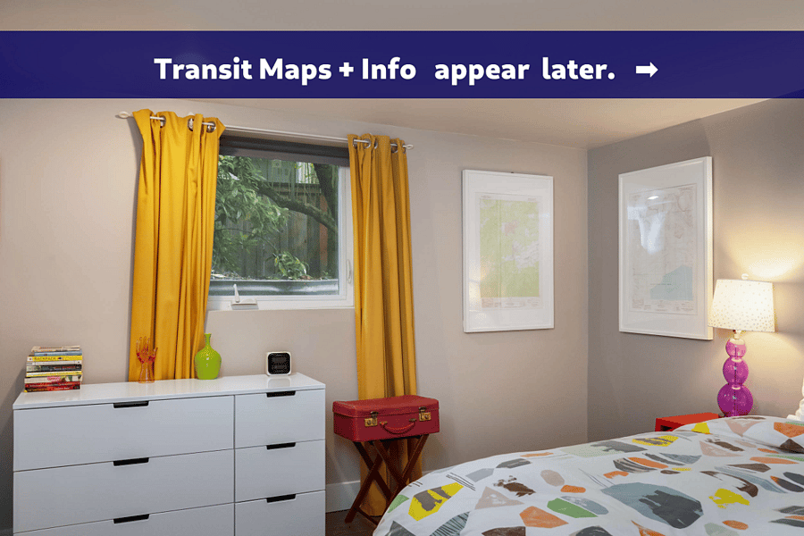 Queen bedroom with dresser for storage & luggage rack. Transit info and maps appear later in this photo stream.