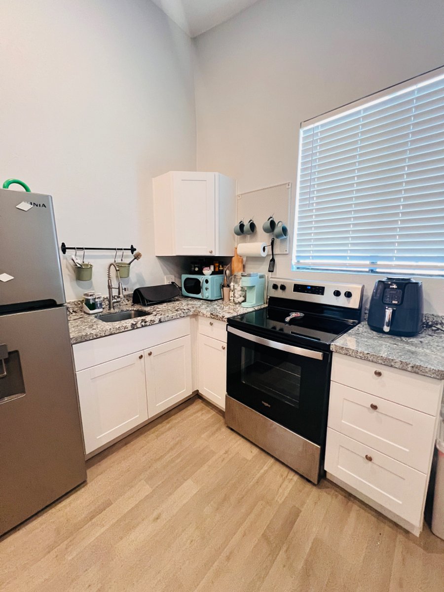 Microwave, coffee maker, air fryer. 