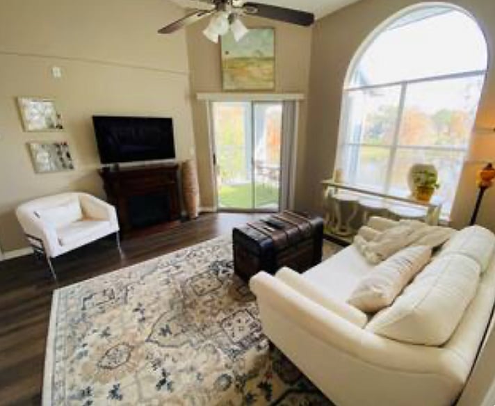 Living room view through sliding glass doors