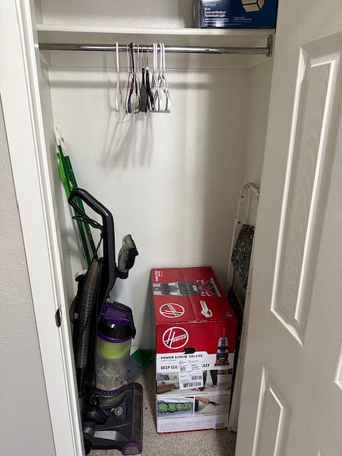 Upstairs closet with cleaning supplies