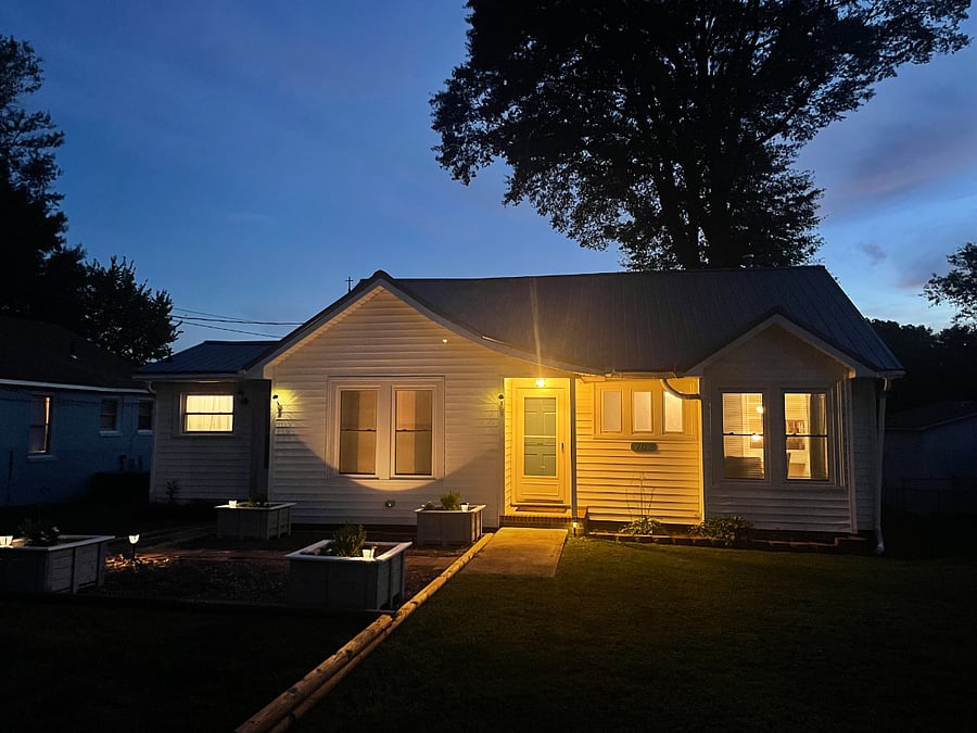 Front view at dusk.