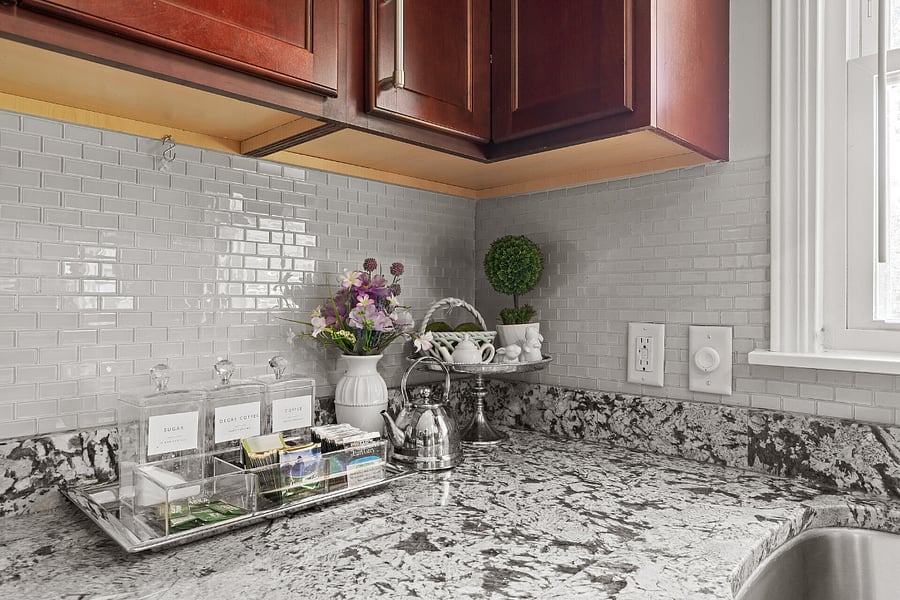 Coffee and tea bar. Keurig and regular coffee makers, large tea and sweetener variety.
