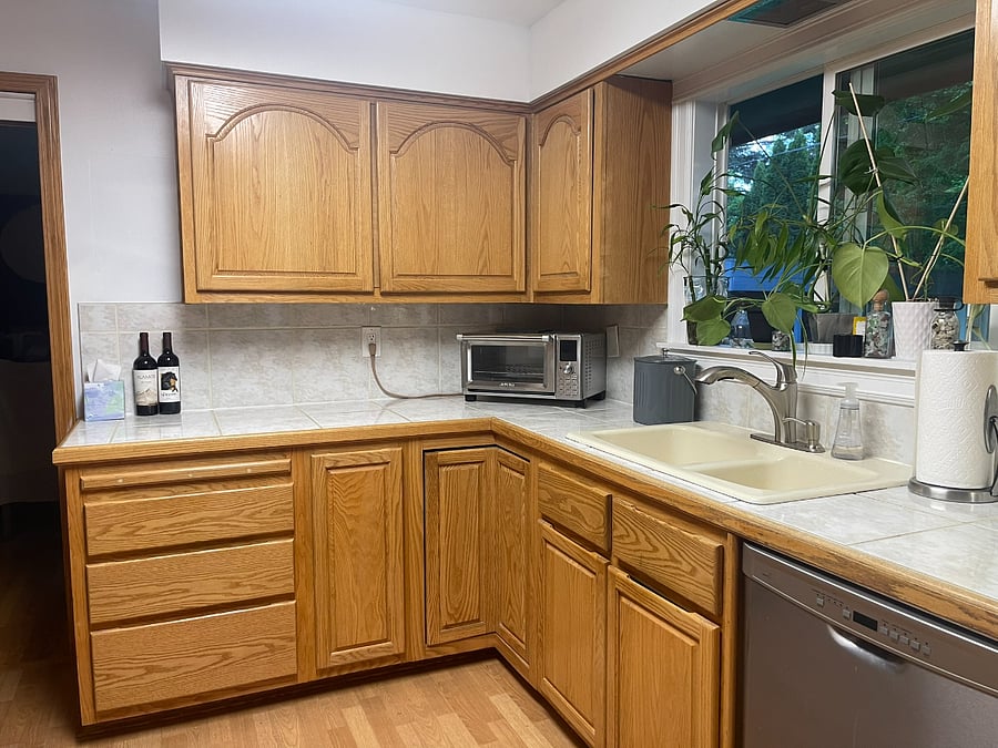 Kitchen with double sink & garbage disposal, dishwasher, all in one - toaster oven/air fryer/toaster, pull up and out Kitchen-Aid mixer, plenty of plates, glasses, lazy susan type corner cabinet with lots of dry goods.