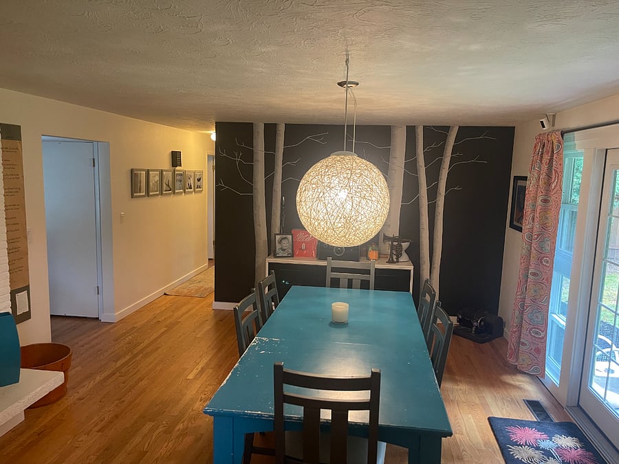 Birch trees painted mural in dining room. Hallway in distance that leads to bedrooms and bathroom.