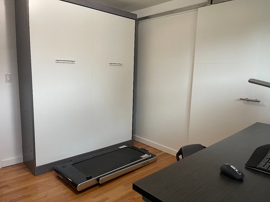 Queen Size Murphy bed and slim treadmill in Office/bedroom. If needed as an office I can provide a desk, chair, small rolling file cabinet. If using only as a bedroom a dresser is provided. See other photos showing the other set up.