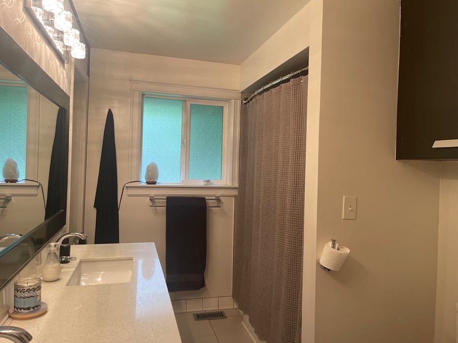 Double sink bathroom. ADA (taller) toilet with squatty potty and bidet.